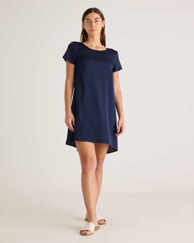 Navy Washable Stretch Silk Tee Dress