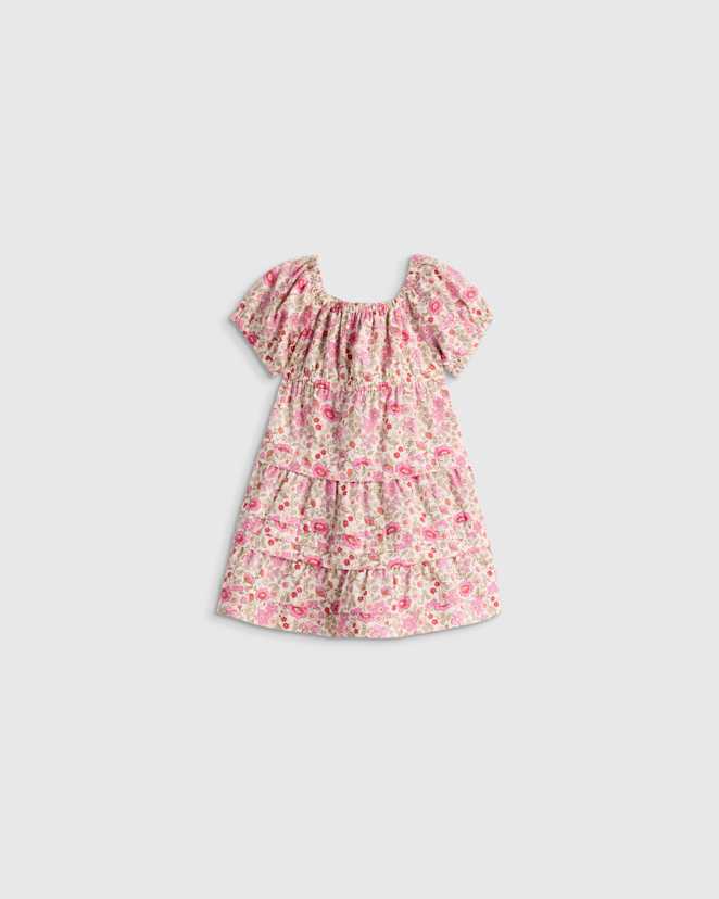 Pink Ditsy Floral 100% Organic Cotton Poplin Tiered Dress