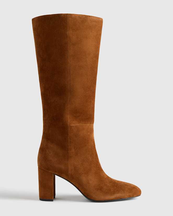 Cognac Italian Suede Block Heel Boots