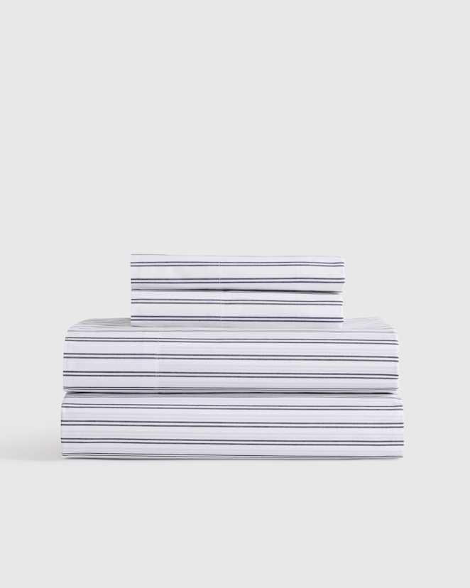 White/Navy Classic Organic Percale Double Stripe Sheet Set