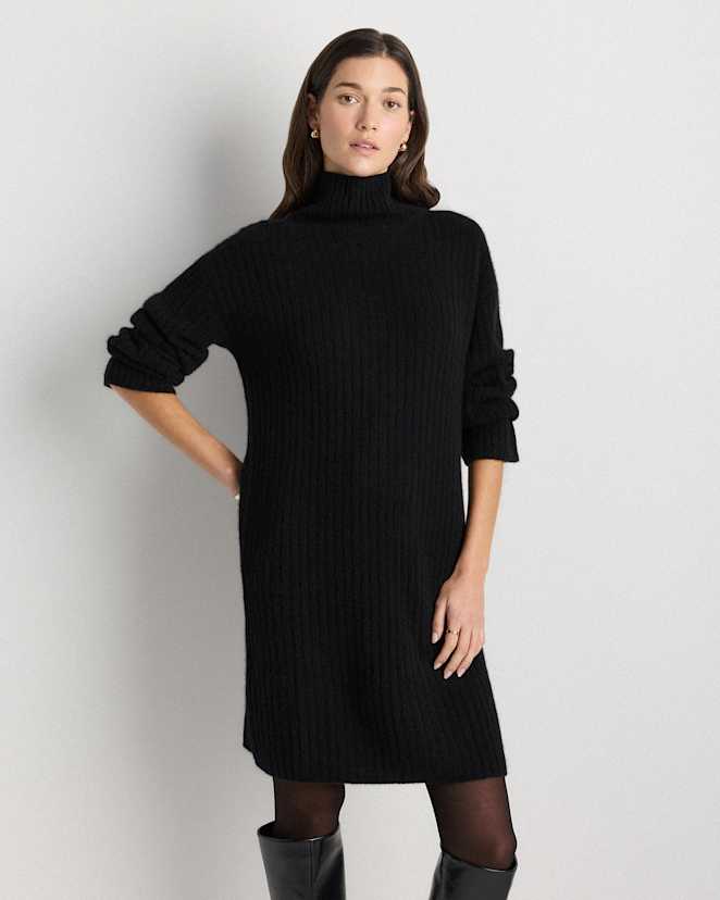 Black Mongolian Cashmere Ribbed Turtleneck Mini Dress