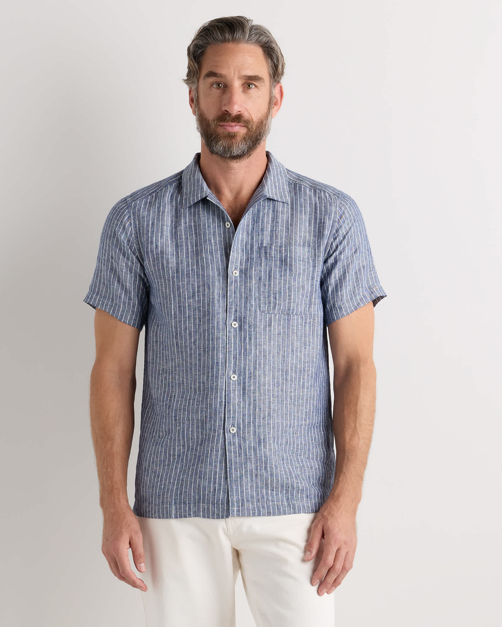 chambray-stripe 100% European Linen Camp Shirt