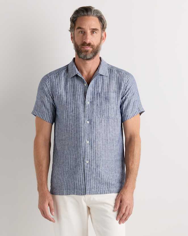 Chambray Stripe 100% European Linen Camp Shirt