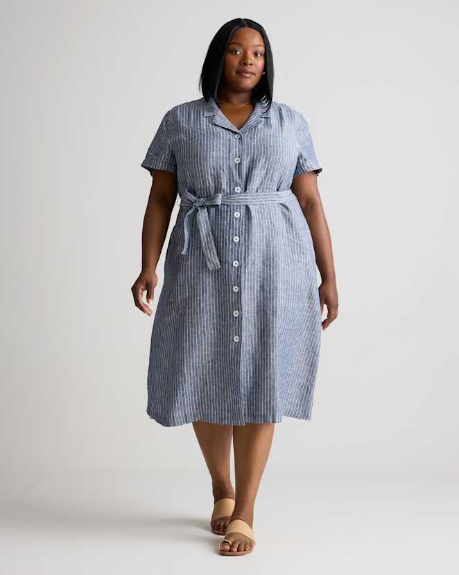 Chambray Stripe 100% European Linen Button Front Dress