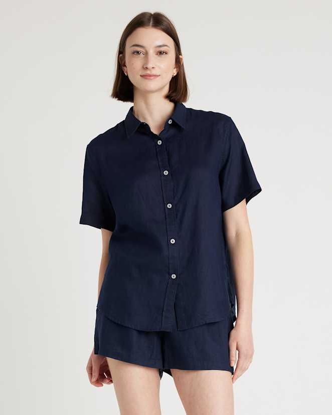 Deep Navy 100% European Linen Shorts Pajama Set