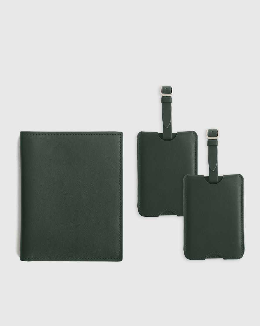 Dark Green Nappa Leather RFID Blocking Passport Holder & Luggage Tags Set
