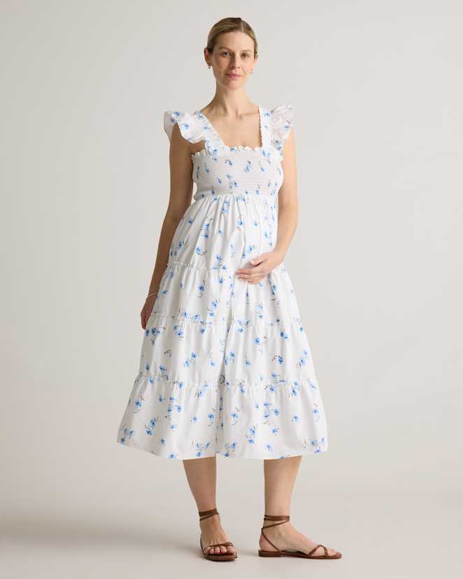 W--108-ROMSTM-2598 EDITED Romantic Stems 100% Organic Cotton Poplin Maternity Smocked Midi Dress