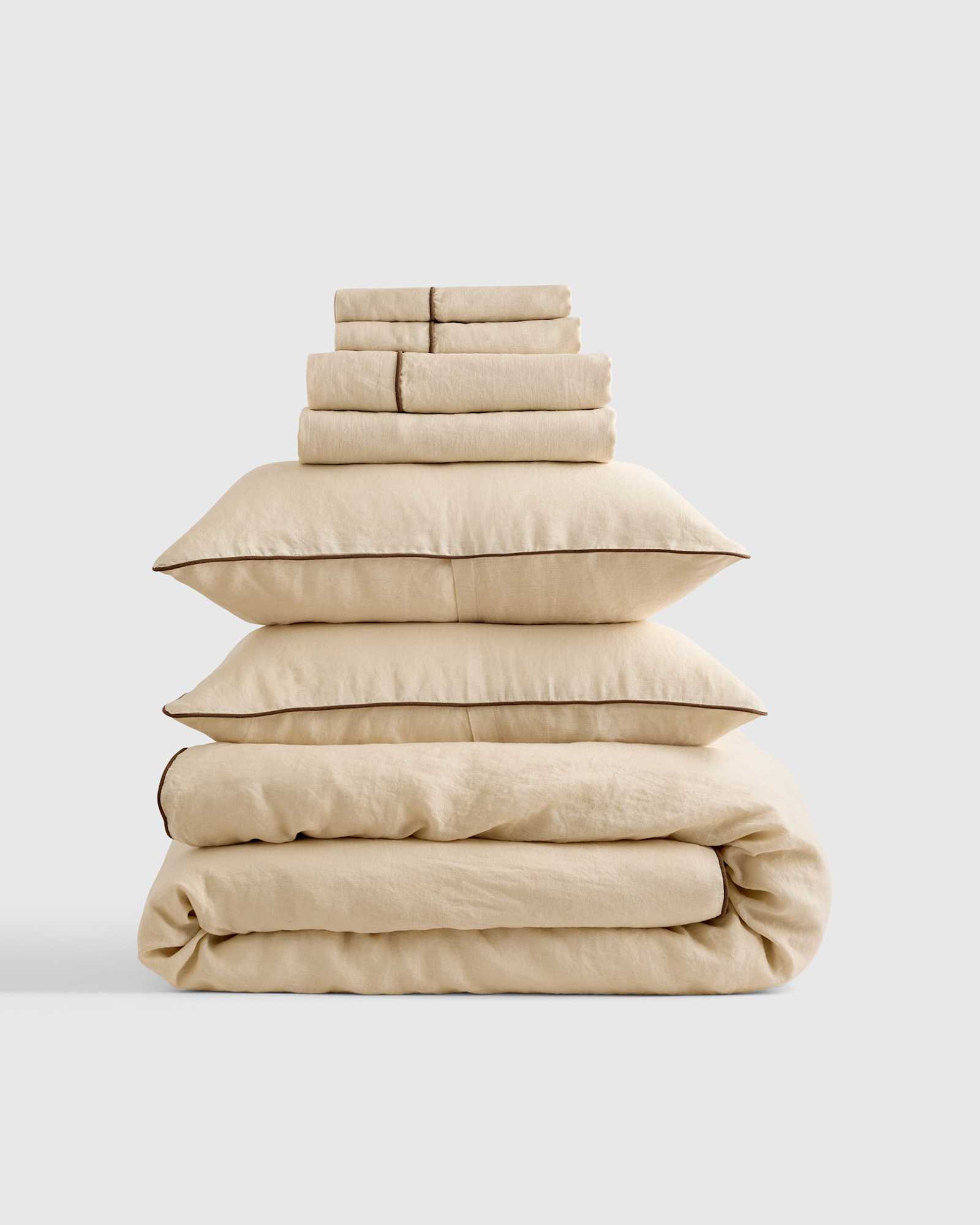 Oat/Espresso European Linen Piped Deluxe Bedding Bundle