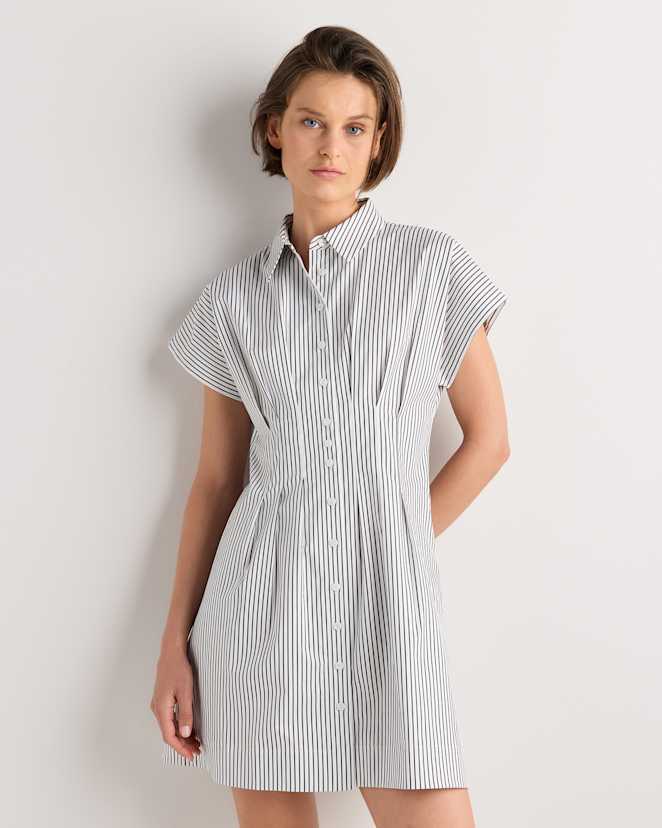 Steel Grey Soho Stripe Stretch Twill Pleated Mini Shirt Dress