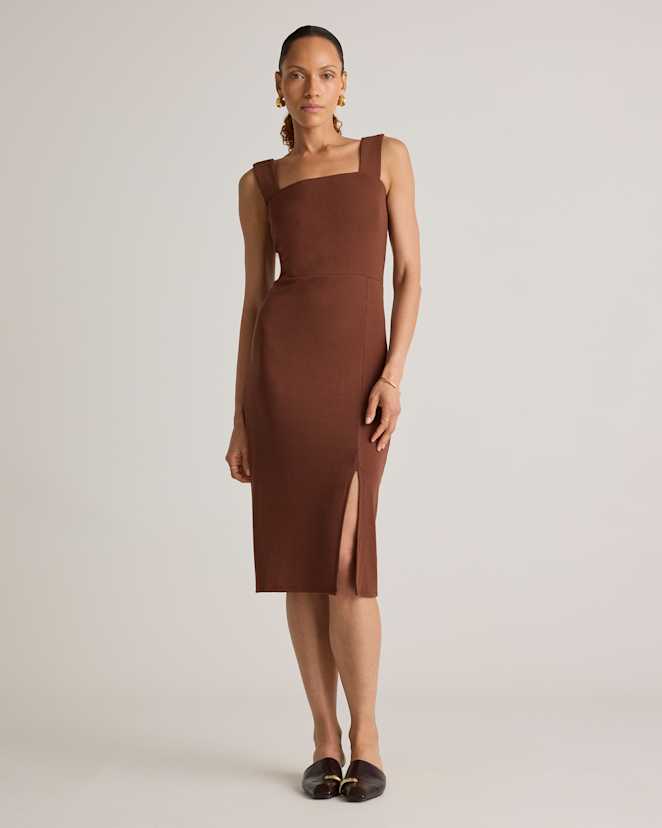 Brown Tencel Rib Knit Sleeveless Square Neck Midi Dress