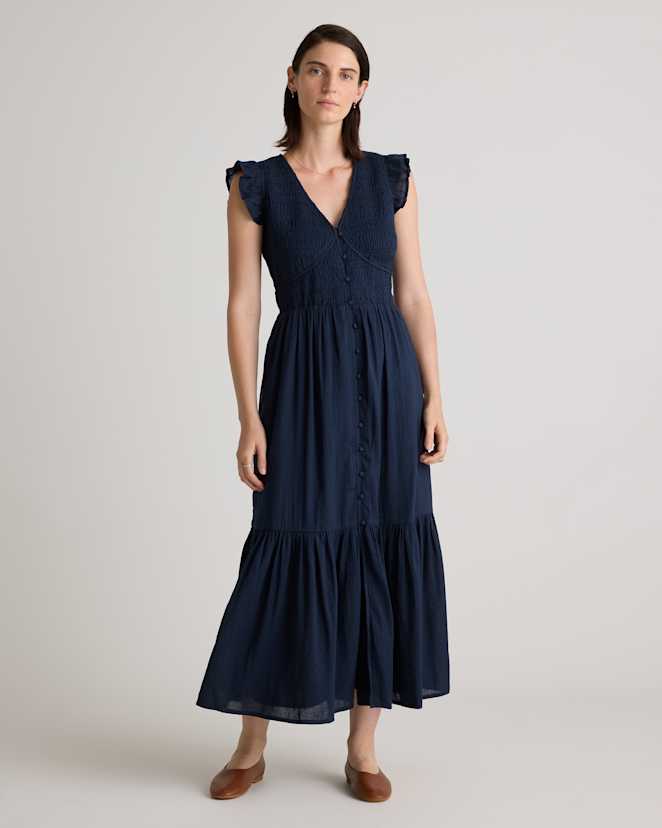 Navy Organic Textured Cotton Smocked V-Neck Midi Dress