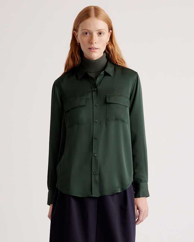 Forest Green Washable Stretch Silk Utility Long Sleeve Blouse
