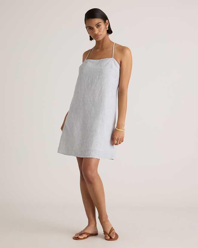 Blue Pinstripe 100% European Linen Spaghetti Strap Mini Dress