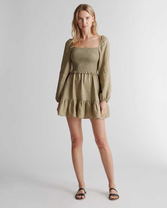 Washed Olive 100% European Linen Smocked Mini Dress