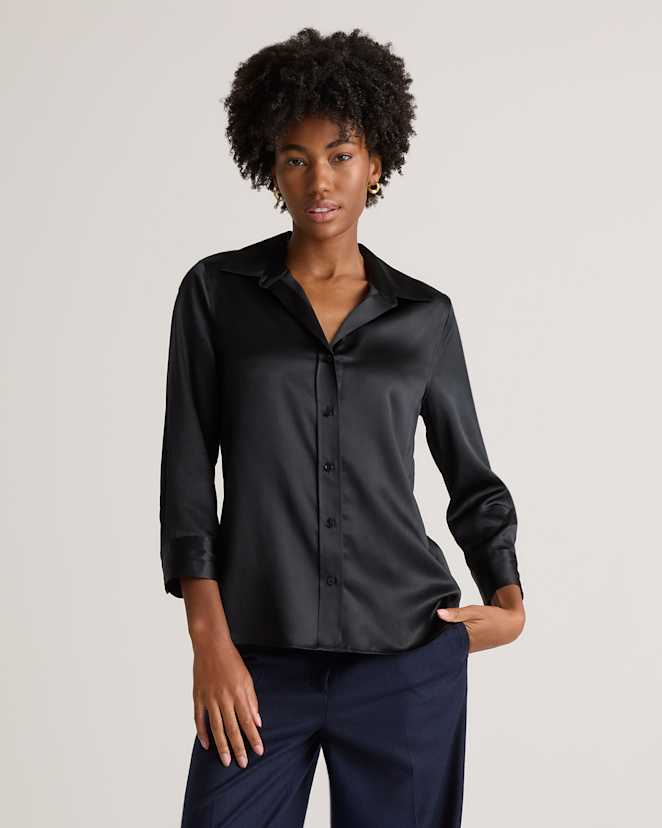 Black 100% Washable Silk Three-Quarter Sleeve Shirt