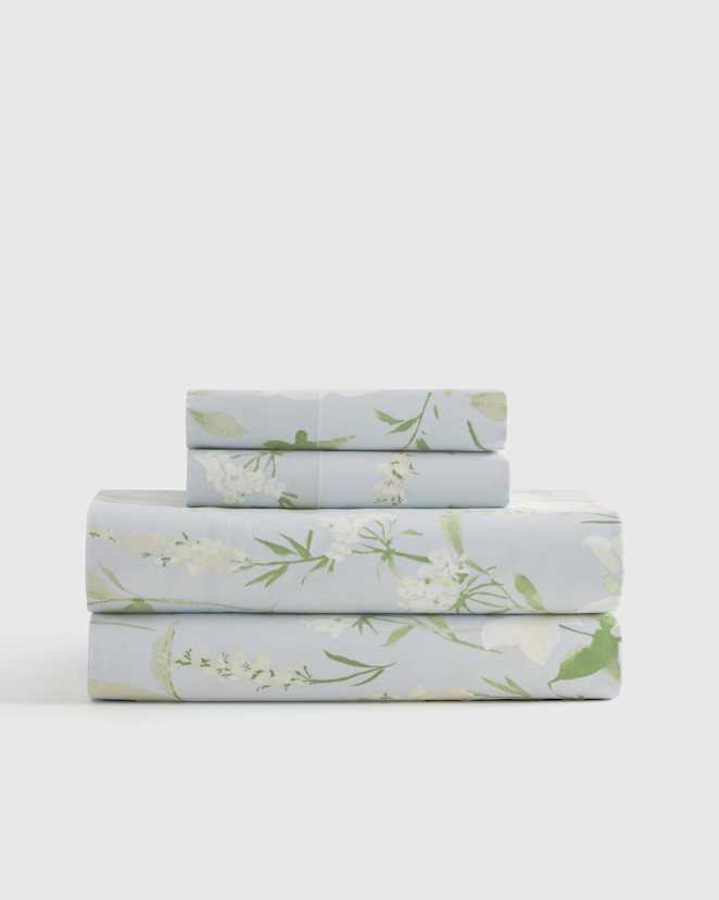 Blue Garden Organic Crisp Percale Floral Sheet Set