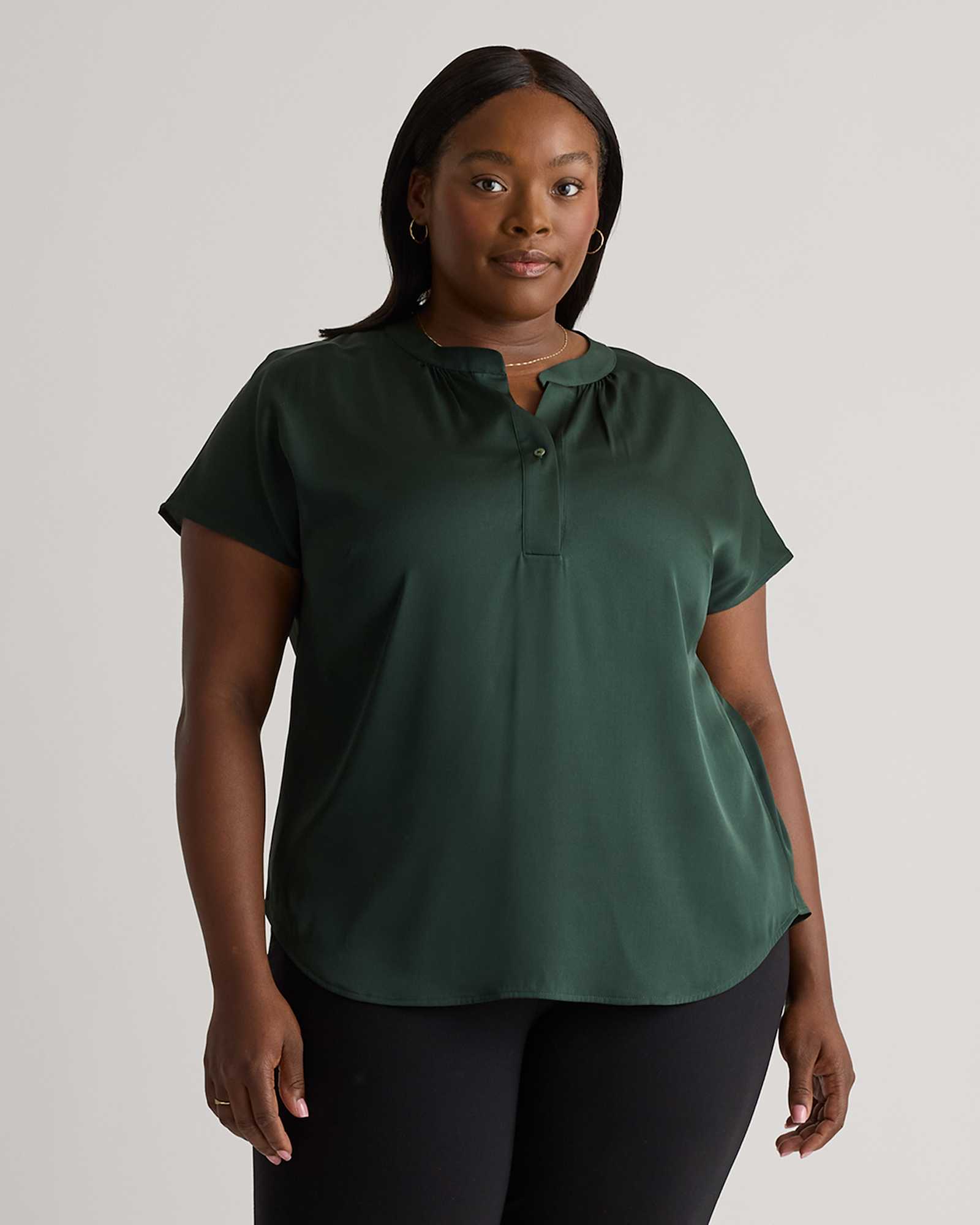 Forest Green Washable Stretch Silk Dolman Sleeve Blouse
