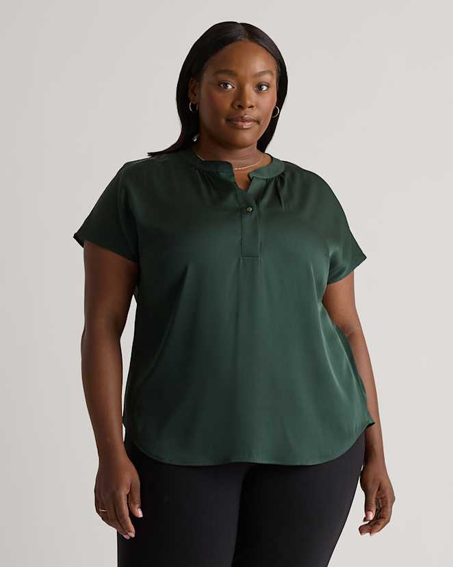 Forest Green Washable Stretch Silk Dolman Sleeve Blouse