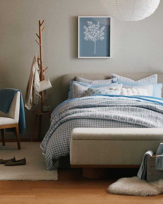 Blue Fog European Linen Gingham Duvet Cover Set