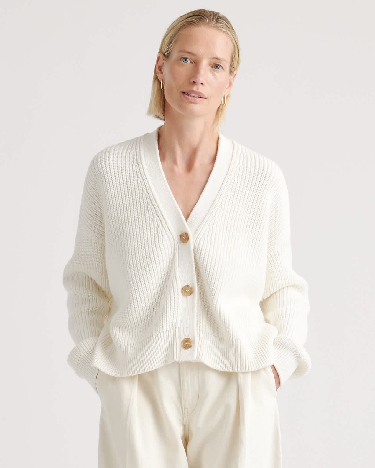 ivory 100% Organic Cotton Fisherman Boxy Cropped Cardigan
