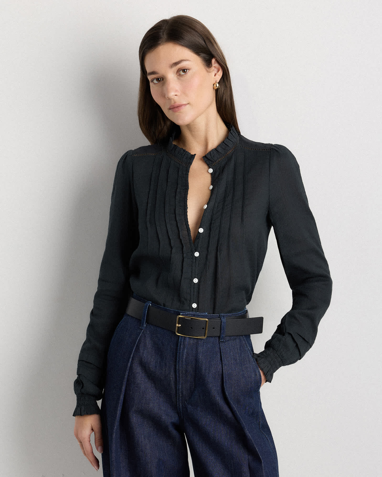 True Black Organic Textured Cotton Peasant Blouse