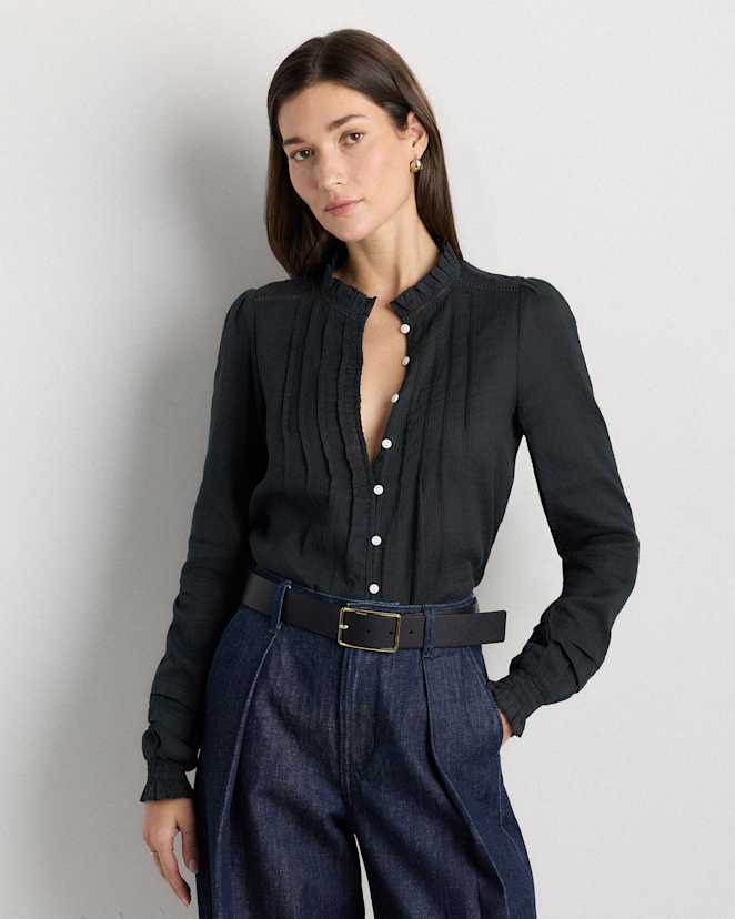 True Black Blouse paysanne en coton texturé biologique