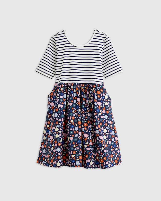 Navy Stripe Floral Organic Cotton Skater Dress
