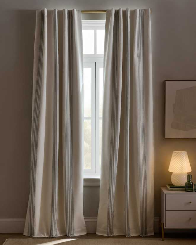 Ivory/Sage Green Coastal Stripe Linen Cotton True Blackout Curtian