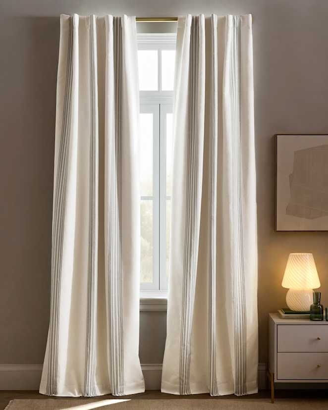 Ivory/Sage Green Coastal Stripe Linen Cotton True Blackout Curtain - Single Panel