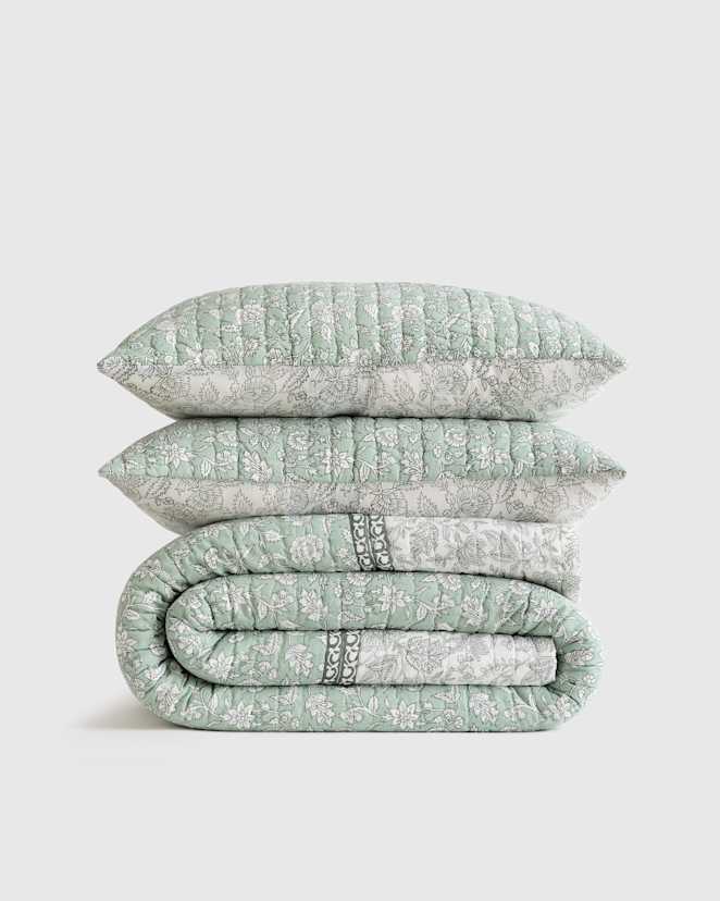 Green Organic Cotton Block Print Quilt Set