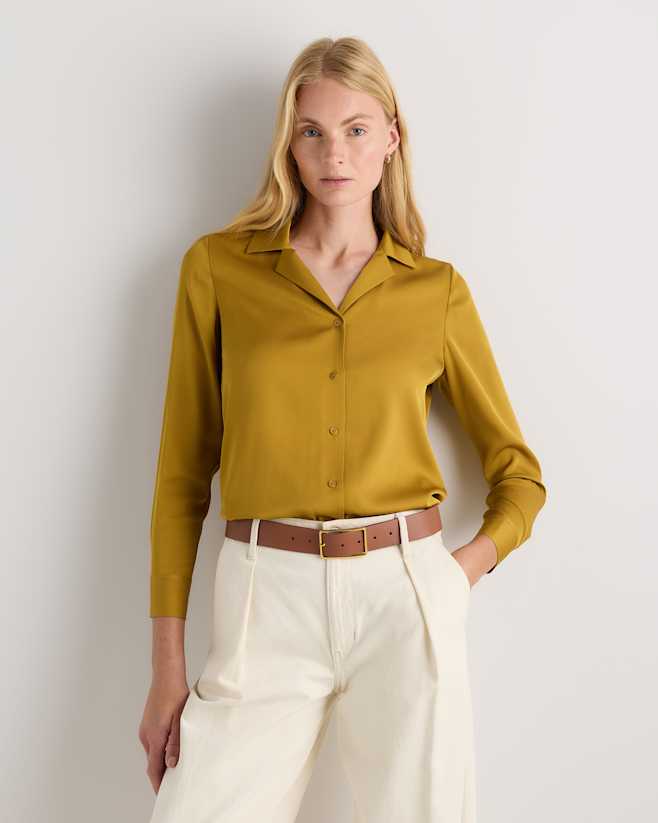 Mineral Yellow Washable Stretch Silk Notch Collar Blouse