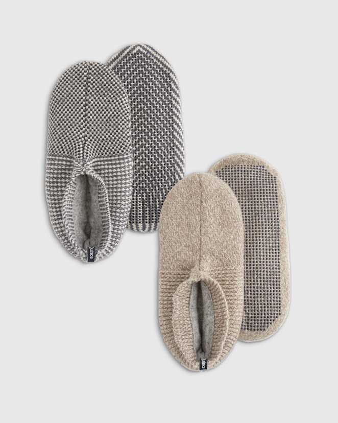 Grey/Natural Fleece Lined Gripper Slippers (2-Pack)