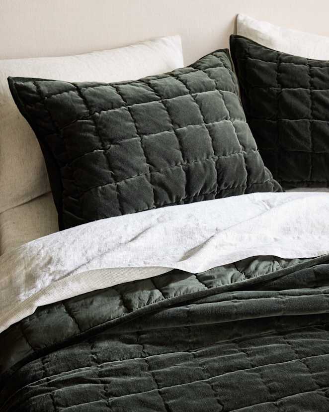 Forest Green Cotton Velvet Quilted Sham Set