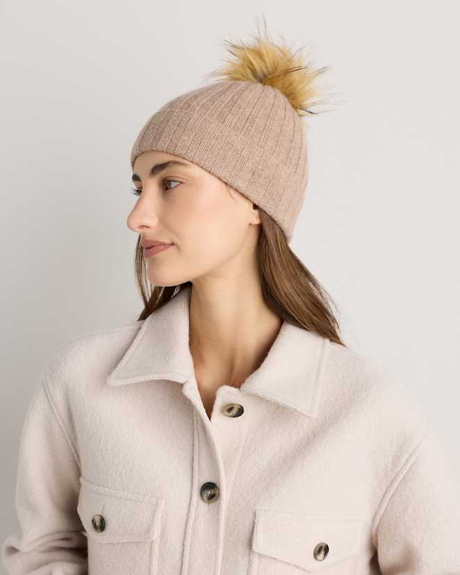 Oatmeal Mongolian Cashmere Pom Pom Beanie