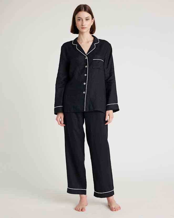 Black 100% European Linen Long Sleeve Pajama Set with Piping