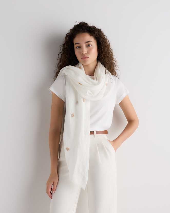 Ivory 100% European Linen Embroidered Scarf