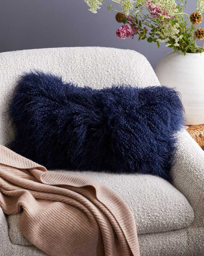 Indigo Blue Luxe Mongolian Lamb Lumbar Pillow Cover