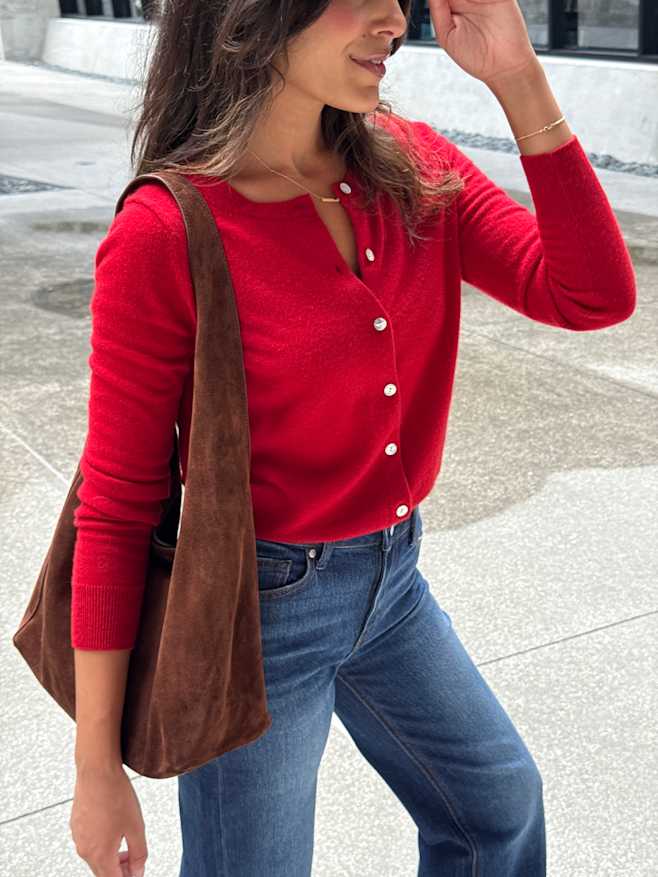 Varsity Red Cardigan en cachemire de Mongolie