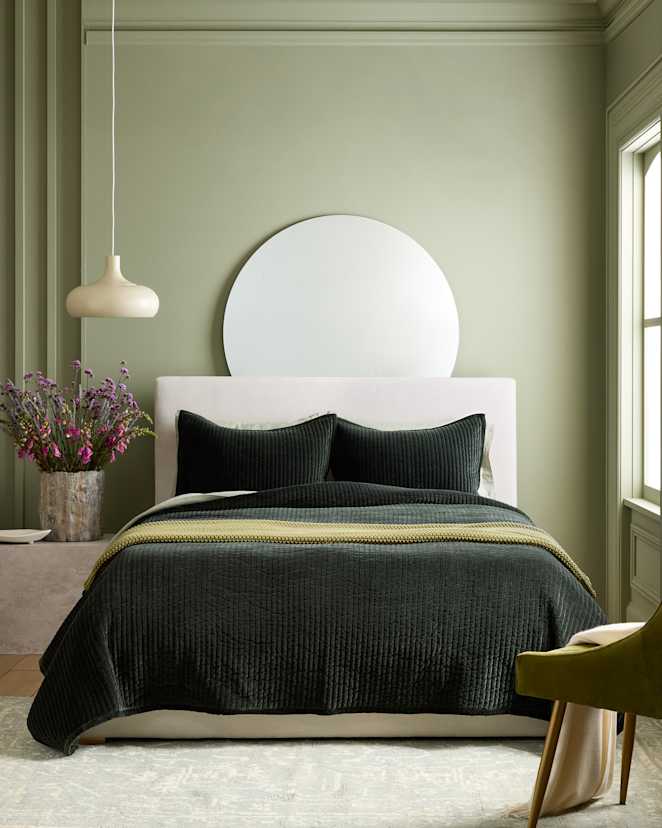 Forest Green Cotton Velvet Vertical Channel Quilt Set