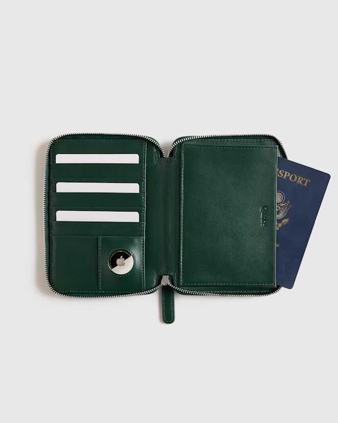 Dark Green Nappa Leather RFID Zip Travel Wallet