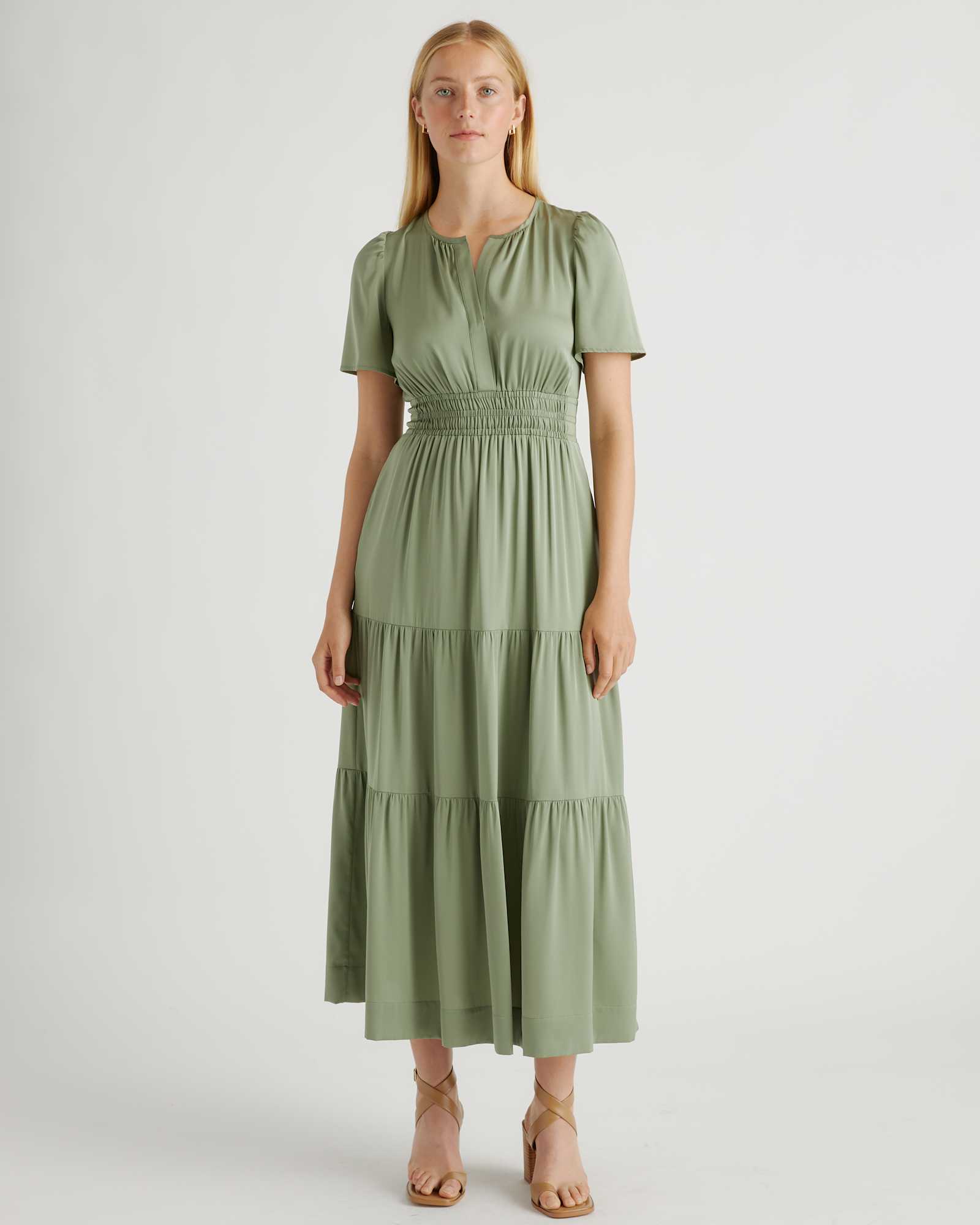 moss-green Washable Stretch Silk Tiered Maxi Dress