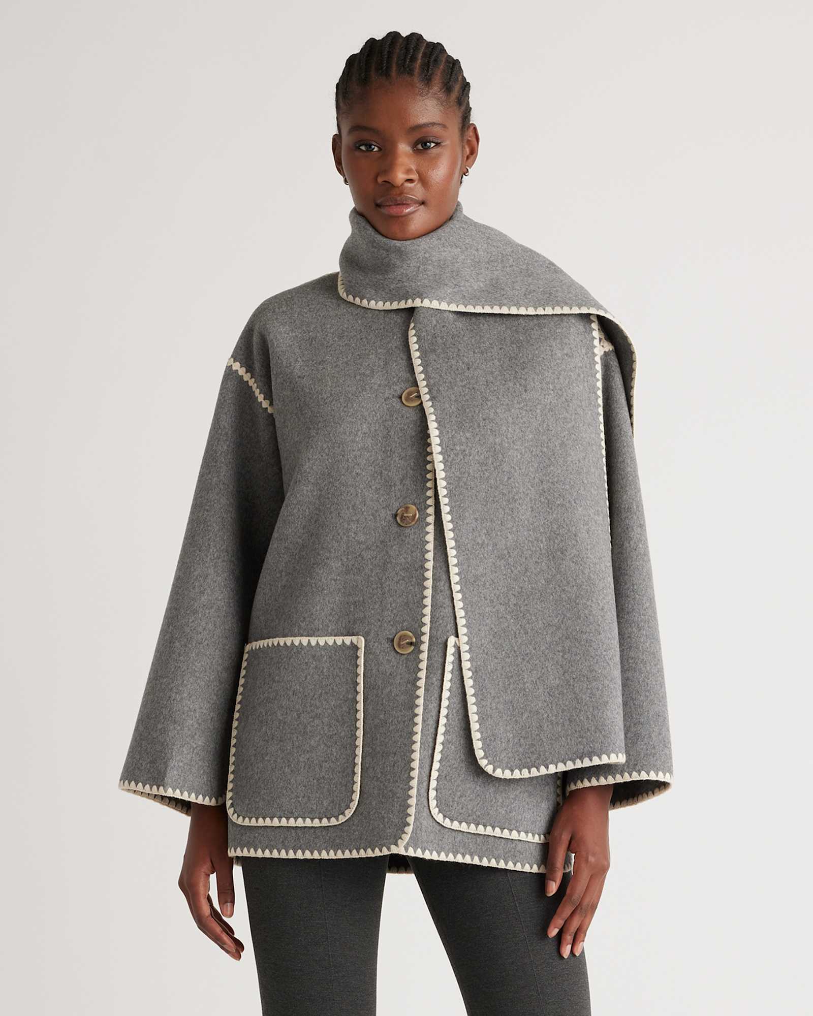 heather-grey Double-Faced Merino Wool Scarf Coat