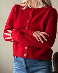 Mongolian Cashmere Cropped Crew Cardigan Varsity Red Rose Brashkis 4x5