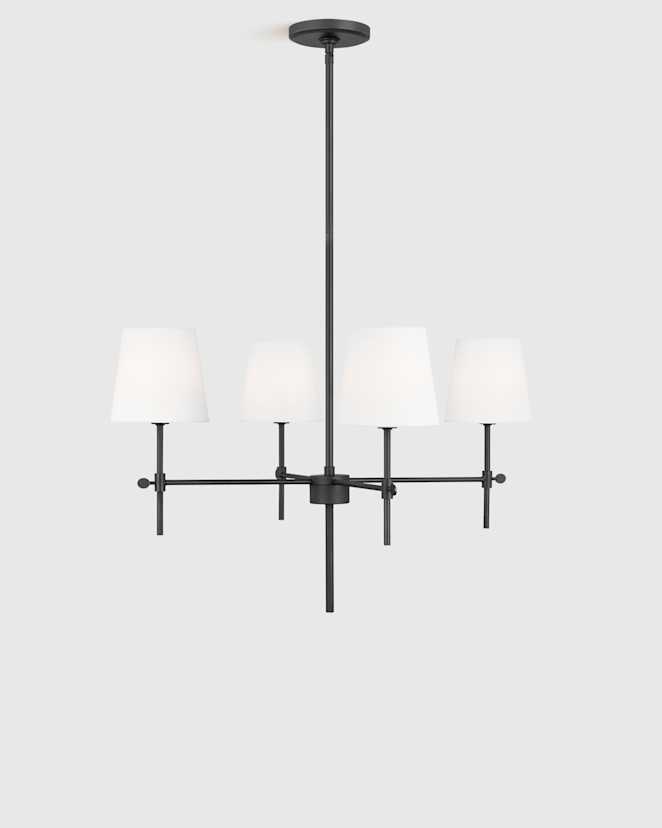Black Linear Steel Chandelier with Linen Shades
