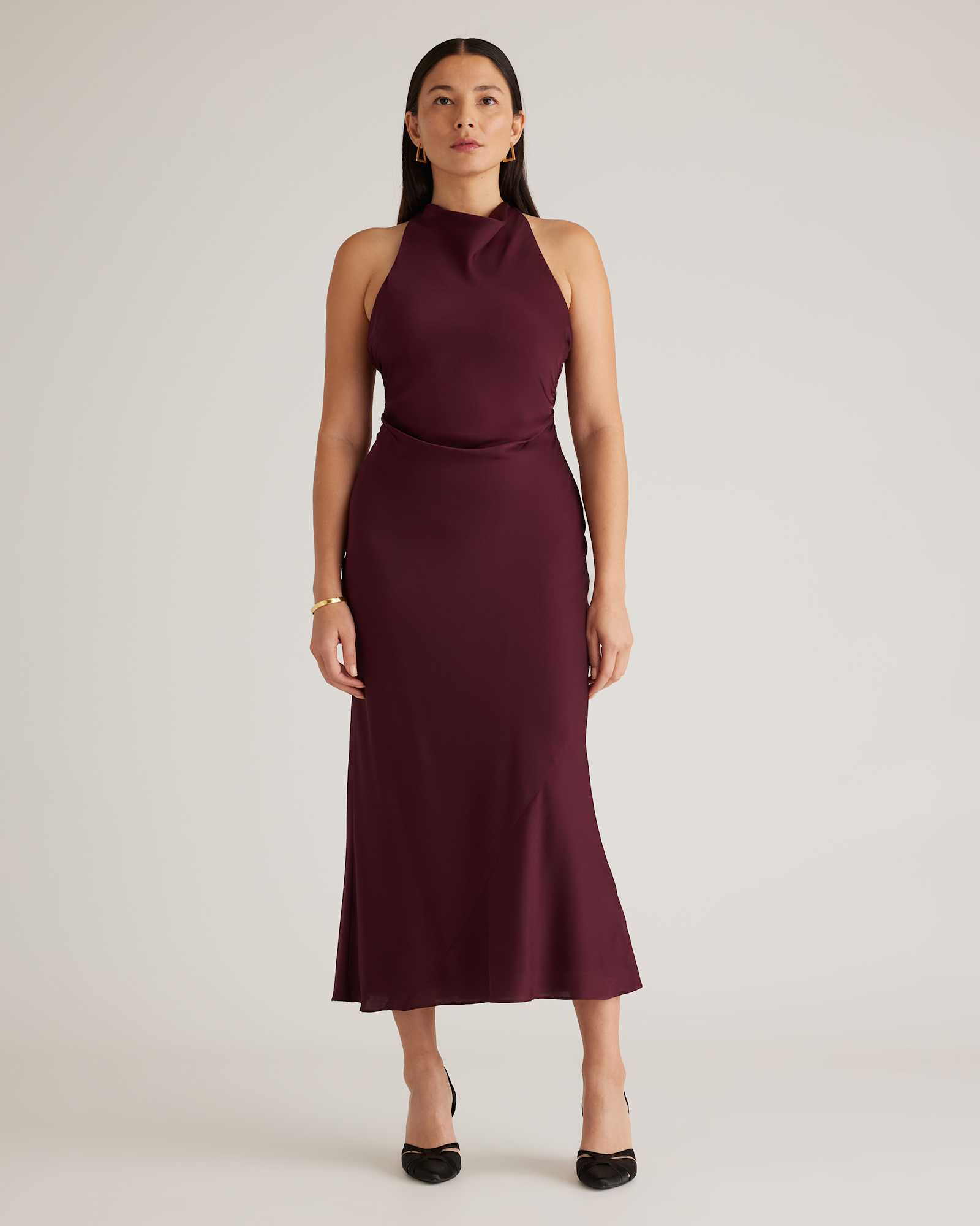 wine-tasting-red Washable Stretch Silk High Neck Midi Dress