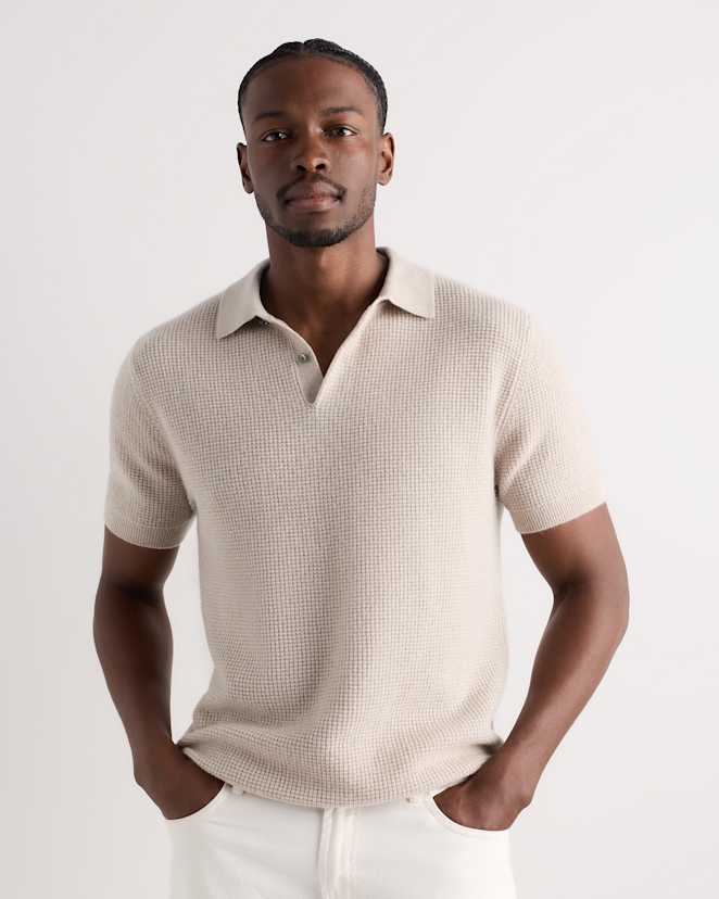 Heather Cloud Beige Mongolian Cashmere Waffle Short Sleeve Polo Sweater
