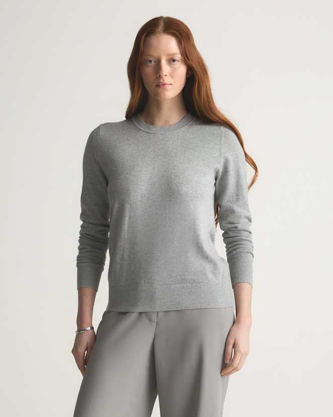 Heather Grey Lightweight Cotton Cashmere Crew Sweater