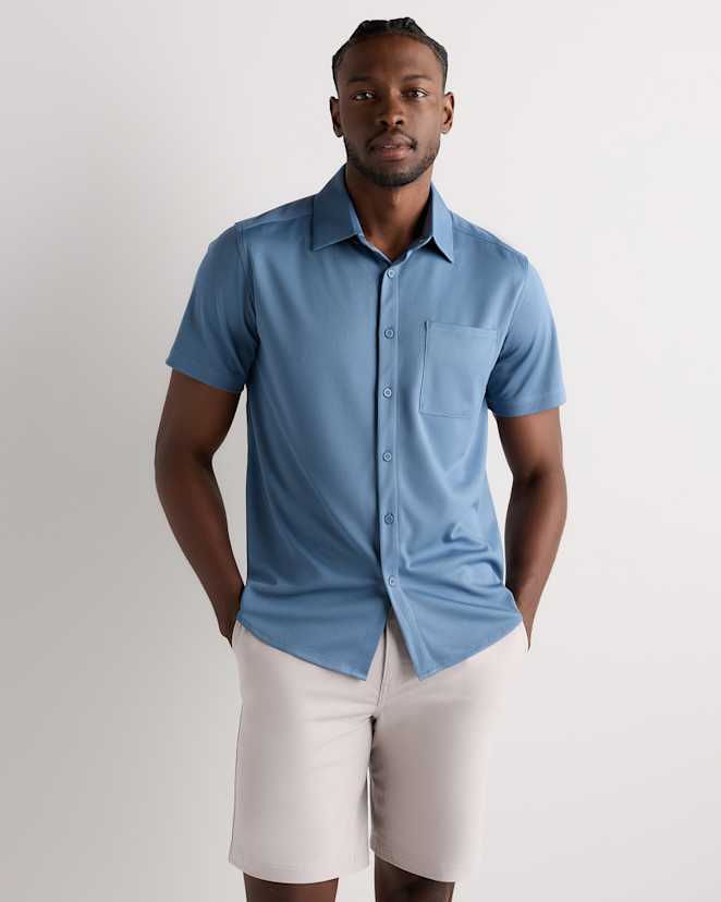 Aegean Blue Commuter Stretch Pique Short Sleeve Button Down