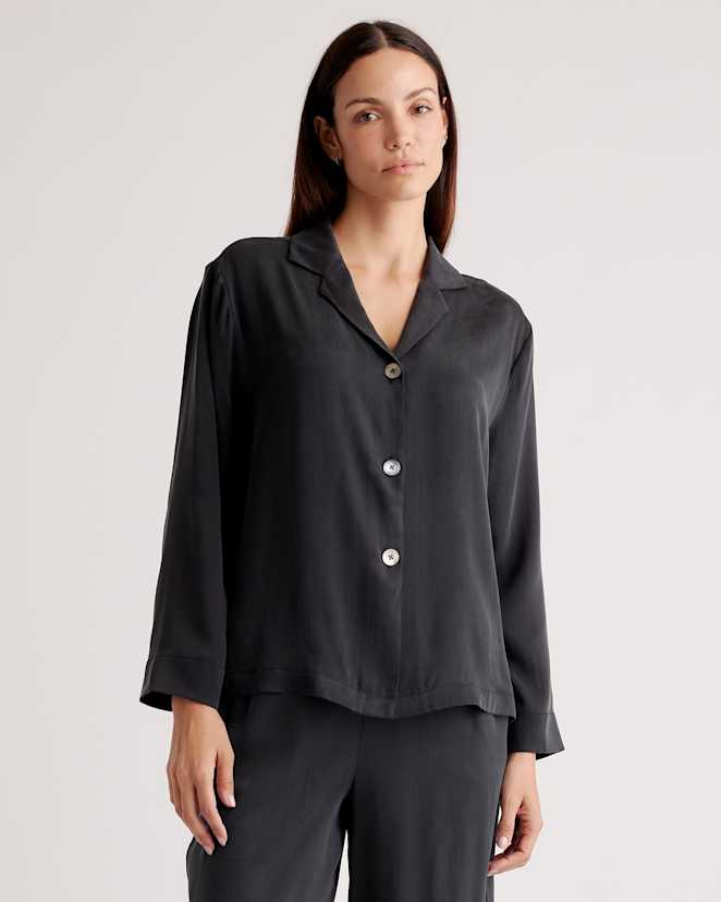 Black 100% Washable Silk Pajama Long Sleeve Top