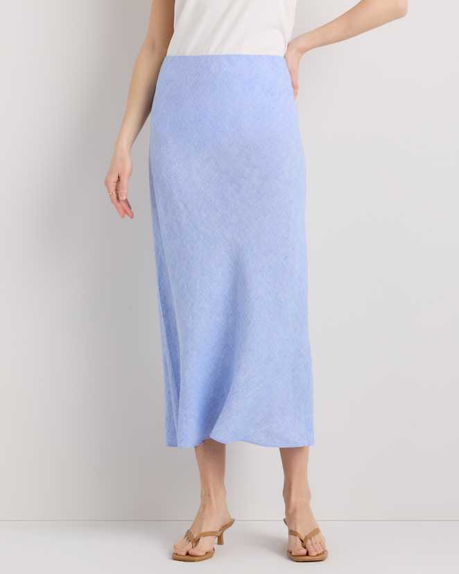 French Blue 100% European Linen Midi Slip Skirt